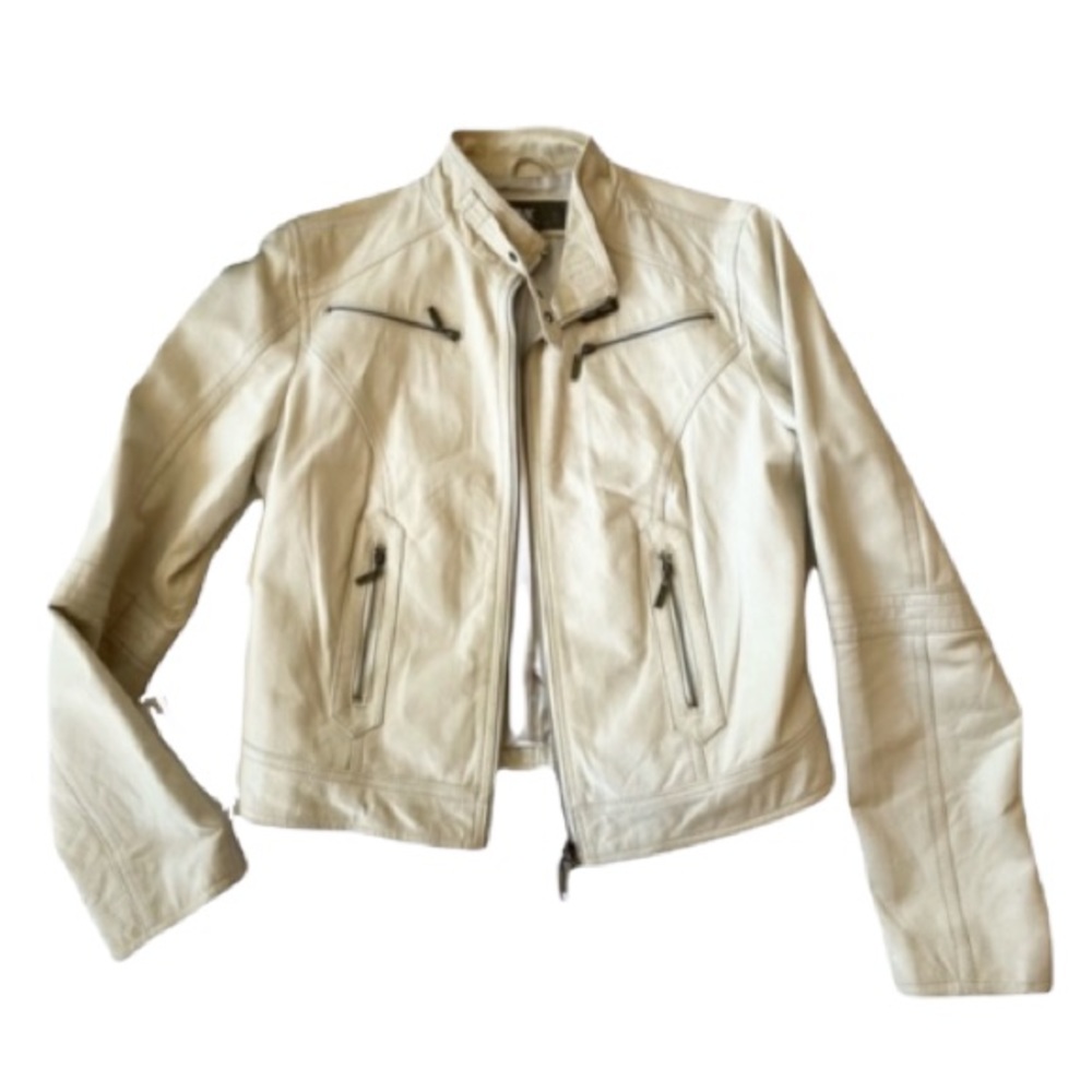 Women's Cream Leather Moto Jacket